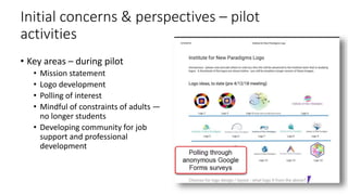 Initial concerns & perspectives – pilot
activities
• Key areas – during pilot
• Mission statement
• Logo development
• Polling of interest
• Mindful of constraints of adults —
no longer students
• Developing community for job
support and professional
development
 