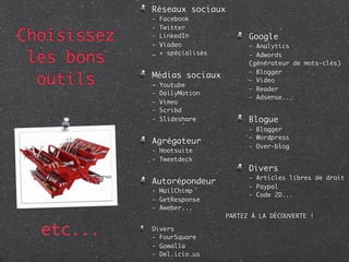 Réseaux sociaux
             -   Facebook
             -   Twitter
Choisissez   -
             -
                 LinkedIn
                 Viadeo
                                       Google
                                       - Analytics

 les bons    _   + spécialisés         - Adwords
                                       (générateur de mots-clés)


  outils
                                       - Blogger
             Médias sociaux
                                       - Video
             -   Youtube
                                       - Reader
             -   DailyMotion
                                       - Adsense...
             -   Vimeo
             -   Scribd
             -   Slideshare            Blogue
                                       - Blogger
                                       - Wordpress
             Agrégateur
                                       - Over-blog
             - Hootsuite
             - Tweetdeck
                                       Divers
                                       - Articles libres de droit
             Autorépondeur
                                       - Paypal
             - MailChimp
                                       - Code 2D...
             - GetResponse
             - Aweber...
                                 PARTEZ À LA DÉCOUVERTE !

  etc...     Divers
             - FourSquare
             - Gowalla
             - Del.icio.us
 
