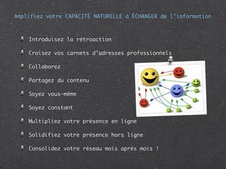 Amplifiez votre CAPACITÉ NATURELLE à ÉCHANGER de l’information



    Introduisez la rétroaction

    Croisez vos carnets d’adresses professionnels

    Collaborez

    Partagez du contenu

    Soyez vous-même

    Soyez constant

    Multipliez votre présence en ligne

    Solidifiez votre présence hors ligne

    Consolidez votre réseau mois après mois !
 