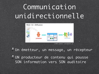 Communication
unidirectionnelle


                  crédit photo: conceptart.ca




Un émetteur, un message, un récepteur
...