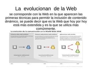 La evolucionan de la Web
se corresponde con la Web en la que aparecen las
primeras técnicas para permitir la inclusión de contenido
dinámico, se puede decir que es la Web que hoy por hoy
está más extendida y es la que se utiliza más
comúnmente.
 