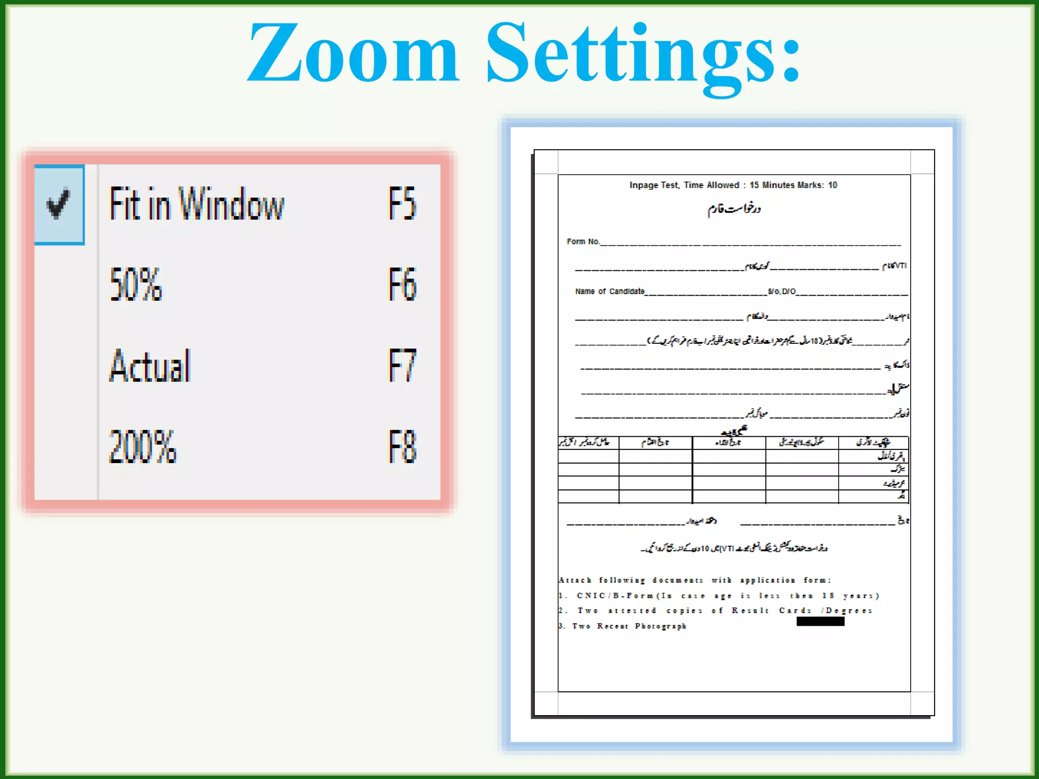 Zoom Settings:
 