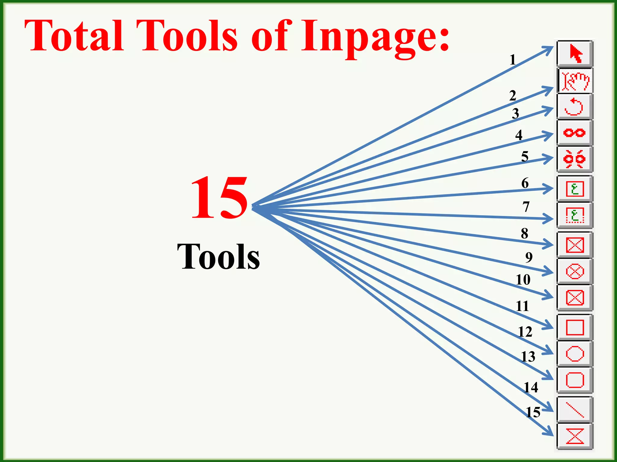 Total Tools of Inpage:
15
Tools
1
2
3
4
5
6
7
8
9
10
11
12
13
14
15
 