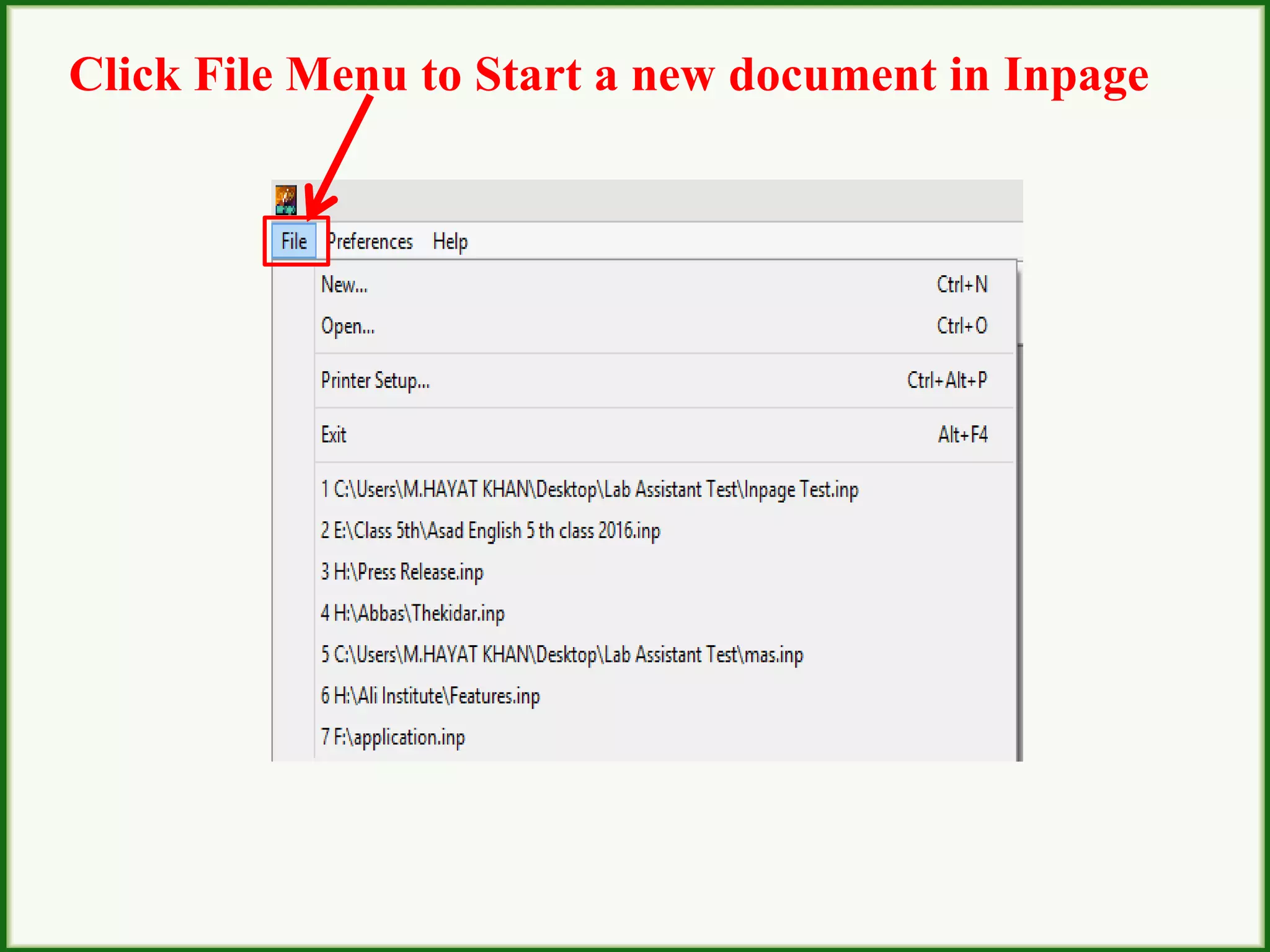 Click File Menu to Start a new document in Inpage
 