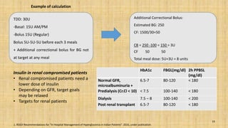 19
Example of calculation
TDD: 30U
-Basal: 15U AM/PM
-Bolus 15U (Regular)
Bolus 5U-5U-5U before each 3 meals
+ Additional correctional bolus for BG not
at target at any meal
Additional Correctional Bolus:
Estimated BG: 250
CF: 1500/30=50
CB = 250 -100 = 150 = 3U
CF 50 50
Total meal dose: 5U+3U = 8 units
1. RSSDI Recommendations for “In Hospital Management of Hyperglycemia in Indian Patients”. 2016, under publication.
Insulin in renal compromised patients
• Renal compromised patients need a
lower dose of insulin
• Depending on GFR, target goals
may be relaxed
• Targets for renal patients
HbA1c FBGL(mg/dl) 2h PPBSL
(mg/dl)
Normal GFR,
microalbuminuria +
6.5-7 80-120 < 180
Predialysis (Cr.Cl < 10) < 7.5 100-140 < 180
Dialysis 7.5 – 8 100-140 < 200
Post renal transplant 6.5-7 80-120 < 180
 