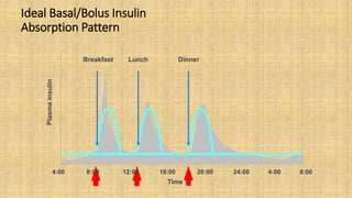 4:00 16:00 20:00 24:00 4:00
Breakfast Lunch Dinner
8:0012:008:00
Time
Plasmainsulin
Ideal Basal/Bolus Insulin
Absorption Pattern
 