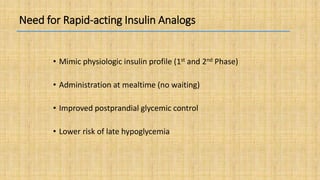 Need for Rapid-acting Insulin Analogs
• Mimic physiologic insulin profile (1st and 2nd Phase)
• Administration at mealtime (no waiting)
• Improved postprandial glycemic control
• Lower risk of late hypoglycemia
 