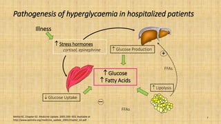 Pathogenesis of hyperglycaemia in hospitalized patients
Mehta KC. Chapter 62. Medicine Update. 2005;300–303. Available at
http://www.apiindia.org/medicine_update_2005/chapter_62.pdf
7
 Stress hormones
cortisol, epinephrine  Glucose Production
 Lipolysis
FFAs
FFAs
+
 Glucose Uptake
 Glucose
 Fatty Acids
Illness
 