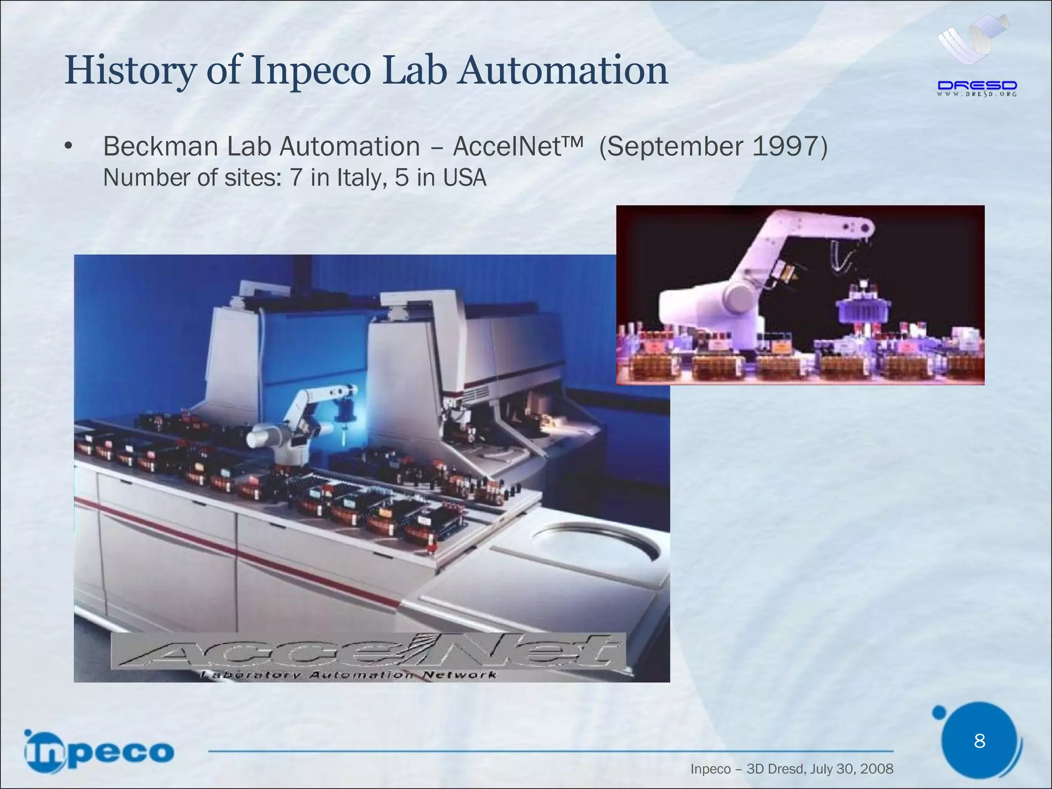 History of Inpeco Lab Automation Beckman Lab Automation – AccelNet™  (September 1997) Number of sites: 7 in Italy, 5 in USA 