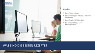 Kunden
 Klaren Fokus festlegen
 Schwarmintelligenz mit über 3 Milliarden
Teilnehmern
 Steter Tropfen höhlt den Stein
 Der Kunde ist König – und
Meinungsmacher
WAS SIND DIE BESTEN REZEPTE?
 