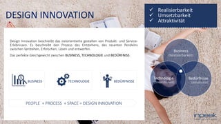 DESIGN INNOVATION
Design Innovation beschreibt das zielorientierte gestalten von Produkt- und Service-
Erlebnissen. Es beschreibt den Prozess des Entstehens, des rasanten Pendelns
zwischen Verstehen, Erforschen, Lösen und entwerfen.
Das perfekte Gleichgewicht zwischen BUSINESS, TECHNOLOGIE und BEDÜRFNISS.
PEOPLE + PROCESS + SPACE = DESIGN INNOVATION
 Realisierbarkeit
 Umsetzbarkeit
 Attraktivität
Business
(Realisierbarkeit)
Bedürfnisse
(Attraktivität)
Technologie
(Umsetzbarkeit)BUSINESS TECHNOLOGIE BEDÜRFNISSE
 