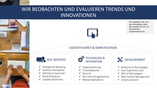 Wir begleiten Sie von
der Konzeption über
das Design bis hin zur
technischen
Implementierung
WIR BEOBACHTEN UND EVALUIEREN TRENDS UND
INNOVATIONEN
USER EFFICIENCY & SIMPLIFICATION
 Strategische Beratung
 Fachliche Konzeption
 Self Service Szenarien
 Portal Disziplinen
 Usability Richtlinien
 Implementierung
 IT-Architekturen
 Security
 Rich Internet Applications
 Mobile Applications
 Moderne UI Technologien
 User Experience (UX)
 SAP UI Technologien
 Web Content Management
 Universal Search
SELF SERVICES
TECHNOLOGY &
INTEGRATION
DEVELOPMENT
 