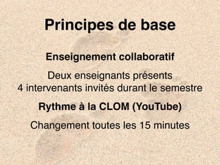 Principes de base 
Enseignement collaboratif 
Deux enseignants présents 
4 intervenants invités durant le semestre 
Rythme à la CLOM (YouTube) 
Changement toutes les 15 minutes 
 