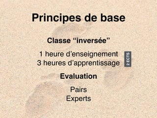 Principes de base 
Classe “inversée” 
1 heure d’enseignement 
3 heures d’apprentissage 
Evaluation 
Pairs 
Experts 
2 ECTS 
 