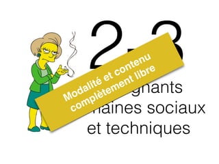 2-3 
enseignants 
Modalité et contenu 
complètement libre 
domaines sociaux 
et techniques 
 