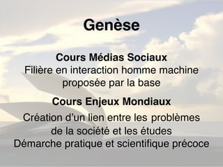 Genèse 
Cours Médias Sociaux 
Filière en interaction homme machine 
proposée par la base 
Cours Enjeux Mondiaux 
Création d’un lien entre les problèmes 
de la société et les études 
Démarche pratique et scientifique précoce 
 