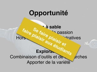 Opportunité 
Bac à sable 
Se faire plaisir et 
faire plaisir aux étudiants 
Mon cours • Ma passion 
Hors contraintes administratives 
C-P-E 
Exploration 
Combinaison d’outils et de démarches 
Apporter de la variété 
 