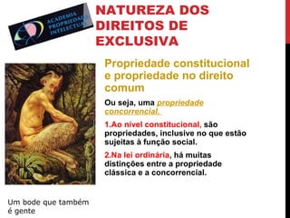 NATUREZA DOS
DIREITOS DE
EXCLUSIVA
Propriedade constitucional
e propriedade no direito
comum
Ou seja, uma propriedade
concorrencial.
1.Ao nível constitucional, são
propriedades, inclusive no que estão
sujeitas à função social.
2.Na lei ordinária, há muitas
distinções entre a propriedade
clássica e a concorrencial.

Um bode que também
é gente

 