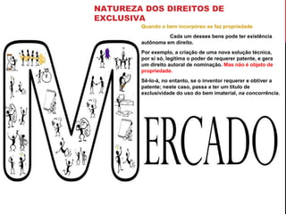 NATUREZA DOS DIREITOS DE
EXCLUSIVA
Quando o bem incorpóreo se faz propriedade
Cada um desses bens pode ter existência
autônoma em direito.
Por exemplo, a criação de uma nova solução técnica,
por si só, legitima o poder de requerer patente, e gera
um direito autoral de nominação. Mas não é objeto de
propriedade.
Sê-lo-á, no entanto, se o inventor requerer e obtiver a
patente; neste caso, passa a ter um título de
exclusividade do uso do bem imaterial, na concorrência.

 