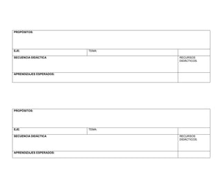 PROPÓSITOS:




EJE:                      TEMA:

SECUENCIA DIDÁCTICA               RECURSOS
                                  DIDÁCTICOS.



APRENDIZAJES ESPERADOS:




PROPÓSITOS:




EJE:                      TEMA:

SECUENCIA DIDÁCTICA               RECURSOS
                                  DIDÁCTICOS.



APRENDIZAJES ESPERADOS:
 