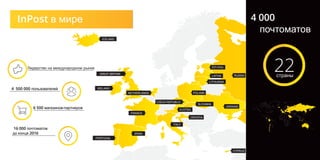 InPost в мире 4 000
почтоматов
22страны
ICELAND
GREAT BRITAIN
IRELAND
NETHERLANDS
FRANCE
PORTUGAL
SPAIN
CZECH REPUBLIC
ITALY
CROATIA
POLAND
SLOVAKIA
LATVIA
LITHUANIA
RUSSIA
UKRAINE
CYPRUS
4 500 000 пользователей
6 500 магазинов-партнеров
16 000 почтоматов
до конца 2016
Лидерство на международном рынке
 