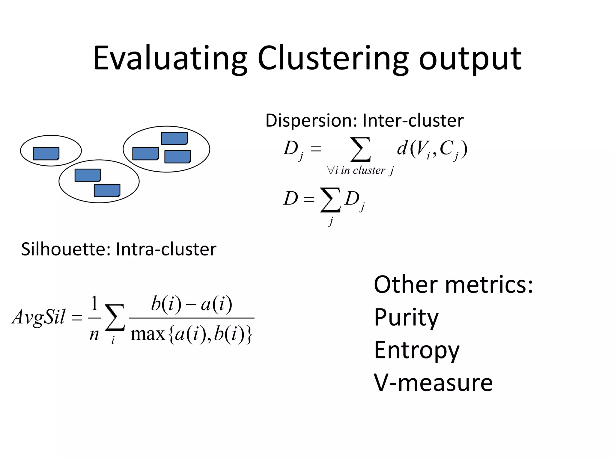 Evaluating Clustering outputDispersion: Inter-cluster Silhouette: Intra-clusterOther metrics:PurityEntropyV-measure