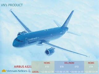 VNs PRODUCT




                               HCMC                DEL/BOM           HCMC
       AIRBUS A321              ETD          ETA             ETD      ETA

                     LOCAL ~12:00-12:30 ~15:00-15:30 ~16:00-16:30 ~22:00-22:30
 