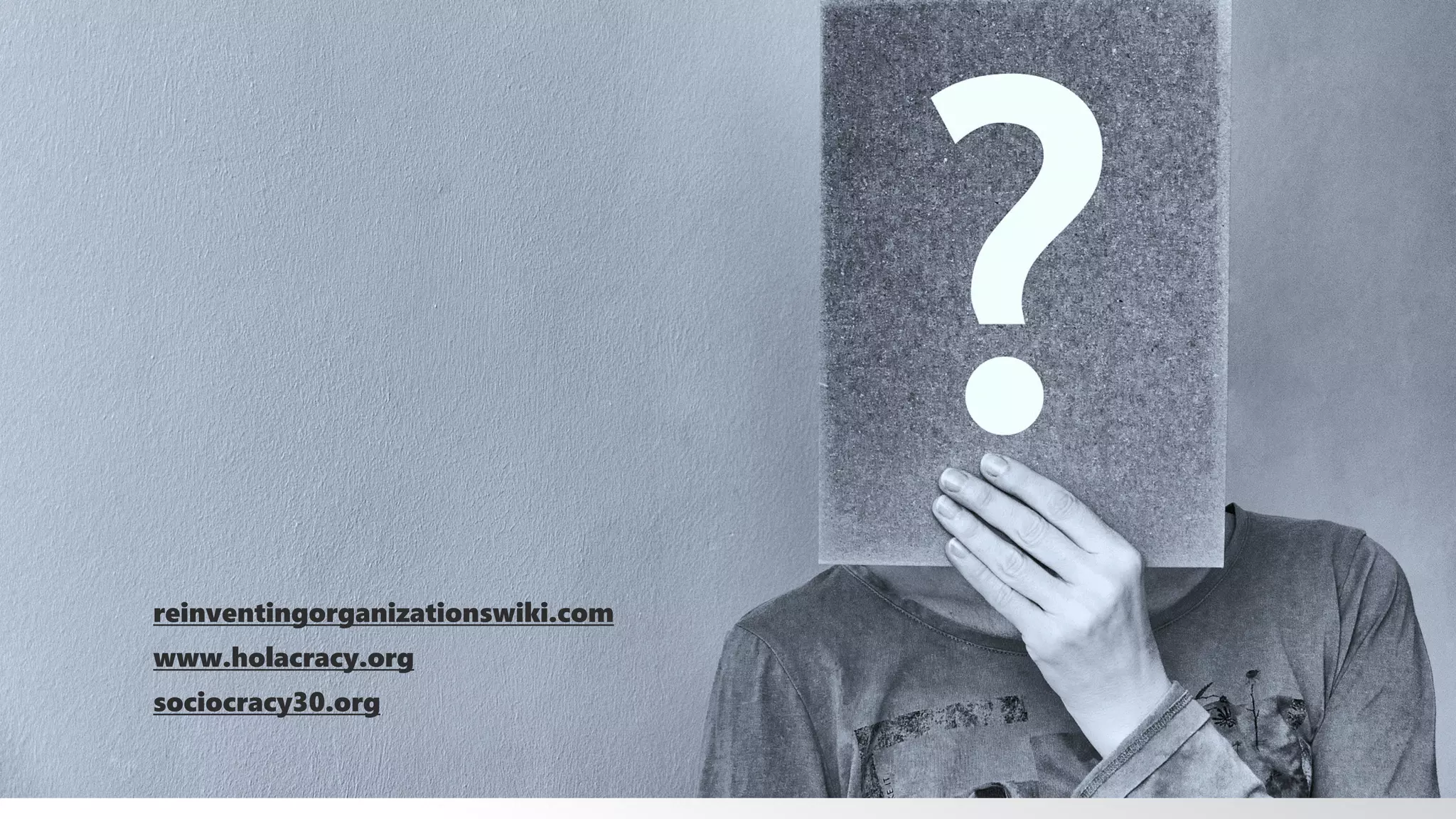 reinventingorganizationswiki.com
www.holacracy.org
sociocracy30.org
 