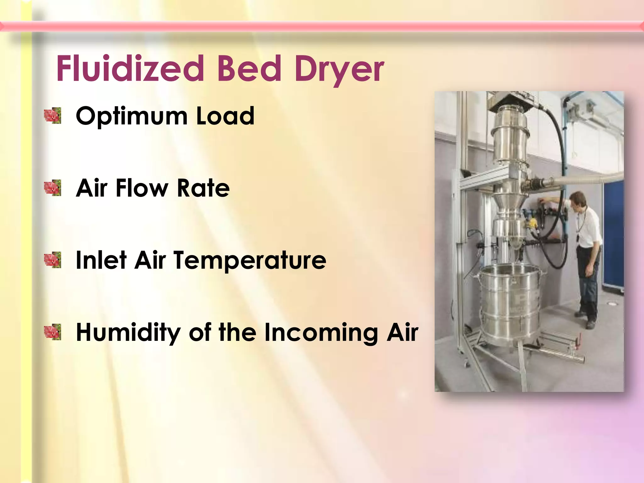 Fluidized Bed Dryer
 Optimum Load

 Air Flow Rate

 Inlet Air Temperature

 Humidity of the Incoming Air
 