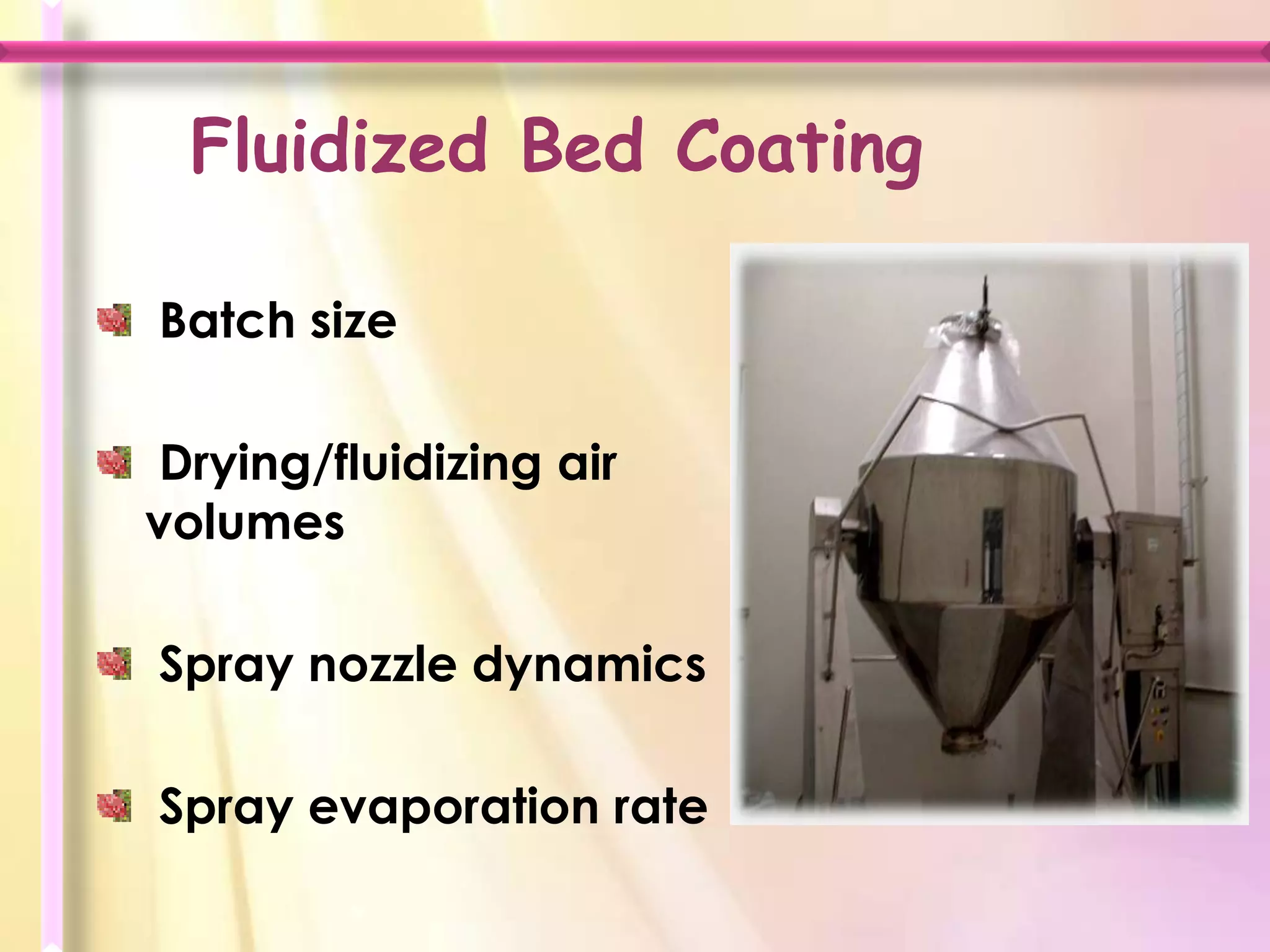Fluidized Bed Coating

Batch size

Drying/fluidizing air
volumes

Spray nozzle dynamics

Spray evaporation rate
 