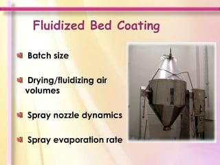 Fluidized Bed Coating

Batch size

Drying/fluidizing air
volumes

Spray nozzle dynamics

Spray evaporation rate
 