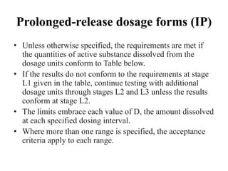 Prolonged-release dosage forms (IP)
• Unless otherwise specified, the requirements are met if
the quantities of active substance dissolved from the
dosage units conform to Table below.
• If the results do not conform to the requirements at stage
L1 given in the table, continue testing with additional
dosage units through stages L2 and L3 unless the results
conform at stage L2.
• The limits embrace each value of D, the amount dissolved
at each specified dosing interval.
• Where more than one range is specified, the acceptance
criteria apply to each range.
 