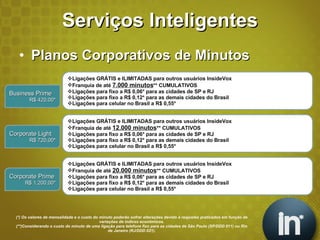 Serviços Inteligentes Planos Corporativos de Minutos Business Prime R$ 420,00* Ligações GRÁTIS e ILIMITADAS para outros usuários InsideVox Franquia de até  7.000 minutos ** CUMULATIVOS Ligações para fixo a R$ 0,06* para as cidades de SP e RJ Ligações para fixo a R$ 0,12* para as demais cidades do Brasil Ligações para celular no Brasil a R$ 0,55* Corporate Light R$ 720,00* Ligações GRÁTIS e ILIMITADAS para outros usuários InsideVox Franquia de até  12.000 minutos ** CUMULATIVOS Ligações para fixo a R$ 0,06* para as cidades de SP e RJ Ligações para fixo a R$ 0,12* para as demais cidades do Brasil Ligações para celular no Brasil a R$ 0,55* Corporate Prime R$ 1.200,00* Ligações GRÁTIS e ILIMITADAS para outros usuários InsideVox Franquia de até  20.000 minutos ** CUMULATIVOS Ligações para fixo a R$ 0,06* para as cidades de SP e RJ Ligações para fixo a R$ 0,12* para as demais cidades do Brasil Ligações para celular no Brasil a R$ 0,55* (*) Os valores de mensalidade e o custo do minuto poderão sofrer alterações devido à reajustes praticados em função de variações de índices econômicos. (**)Considerando o custo do minuto de uma ligação para telefone fixo para as cidades de São Paulo (SP/DDD 011) ou Rio de Janeiro (RJ/DDD 021). 
