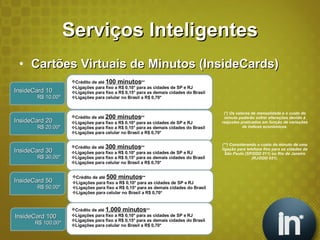 Serviços Inteligentes Cartões Virtuais de Minutos (InsideCards) (*) Os valores de mensalidade e o custo do minuto poderão sofrer alterações devido à reajustes praticados em função de variações de índices econômicos. (**) Considerando o custo do minuto de uma ligação para telefone fixo para as cidades de São Paulo (SP/DDD 011) ou Rio de Janeiro (RJ/DDD 021). InsideCard 10 R$ 10,00* Crédito de até  100 minutos ** Ligações para fixo a R$ 0,10* para as cidades de SP e RJ Ligações para fixo a R$ 0,15* para as demais cidades do Brasil Ligações para celular no Brasil a R$ 0,70* InsideCard 20 R$ 20,00* Crédito de até  200 minutos ** Ligações para fixo a R$ 0,10* para as cidades de SP e RJ Ligações para fixo a R$ 0,15* para as demais cidades do Brasil Ligações para celular no Brasil a R$ 0,70* InsideCard 30 R$ 30,00* Crédito de até  300 minutos ** Ligações para fixo a R$ 0,10* para as cidades de SP e RJ Ligações para fixo a R$ 0,15* para as demais cidades do Brasil Ligações para celular no Brasil a R$ 0,70* InsideCard 50 R$ 50,00* Crédito de até  500 minutos ** Ligações para fixo a R$ 0,10* para as cidades de SP e RJ Ligações para fixo a R$ 0,15* para as demais cidades do Brasil Ligações para celular no Brasil a R$ 0,70* InsideCard 100 R$ 100,00* Crédito de até  1.000 minutos ** Ligações para fixo a R$ 0,10* para as cidades de SP e RJ Ligações para fixo a R$ 0,15* para as demais cidades do Brasil Ligações para celular no Brasil a R$ 0,70* 