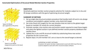 OBJECTIVES
Iteratively optimize member section property selection for modules subject to in-situ and
lift design conditions with the goal of optimizing structural weight.
SUMMARY OF METHOD
1. Set up single-step structural analysis procedure that handles both Lift and In-situ design
conditions and establish a global member unity check (UC) target.
2. Set Unity Check (UC) targets for the next iteration that are close to the global target
based on member UC results for current iteration.
3. Estimate member cross section area and section moduli required to meet these targets
and select the lightest section in pre-defined member section property databases that
satisfies them.
4. Update the in-situ and lift structural models by substituting these new section
properties for the current ones.
5. Repeat steps 2-4 until member UC’s are as close to the overall target as desired.
MCHTM Inc
Automated Optimization of Structural Model Member Section Properties
SUPPORTING 3rd PARTY SOFTWARE
At present, the system has been implemented to work with SACS input files but
could be adapted to work with other structural analysis software.
Typical Lift Model
(pin supported at lift points)
Typical In-situ Model
(supported at points at the base)
 
