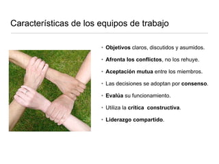 Características de los equipos de trabajo
• Objetivos claros, discutidos y asumidos.
• Afronta los conflictos, no los rehuye.
• Aceptación mutua entre los miembros.
• Las decisiones se adoptan por consenso.
• Evalúa su funcionamiento.
• Utiliza la crítica constructiva.
• Liderazgo compartido.
 