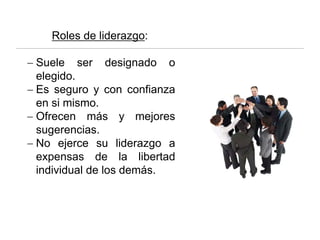 Roles de liderazgo:
− Suele ser designado o
elegido.
− Es seguro y con confianza
en si mismo.
− Ofrecen más y mejores
sugerencias.
− No ejerce su liderazgo a
expensas de la libertad
individual de los demás.
 
