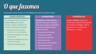 O qu f em
Estruturamos nossos serviços em três núcleos que atuam em grande sinergia:

CONHECIMENTOS
Uma abordagem prática, baseada no
Design Thinking, que acelera a
inovação e soluciona problemas por
meio de um olhar mais humanizado:
 Mapeamentos de Comunicação

Corporativa e de suas ferramentas.
 Planejamento Estratégico, Estrutural e

Criativo da área.
 Indicadores de Resultados para área e

canais de comunicação.
 Treinamento e Desenvolvimento.

ESTRATÉGIAS
Planejamento e estruturação das
ações de Comunicação Corporativa,
sejam elas de qualquer complexidade,
prezando pela relevância junto ao
público de interesse:


Gerenciamento da Reputação.



Propaganda Corporativa.



Comunicação de Marketing.



Comunicação Interna.



Relacionamento com Investidores.



Responsabilidade Social.



Gerenciamento de Crises.

EXPERIÊNCIAS
Criação e produção das ações de
Comunicação Corporativa desenvolvidas
pelo núcleo de ‘Estratégias’, além do
gerenciamento de conteúdo para
publicações on e off-line.

 