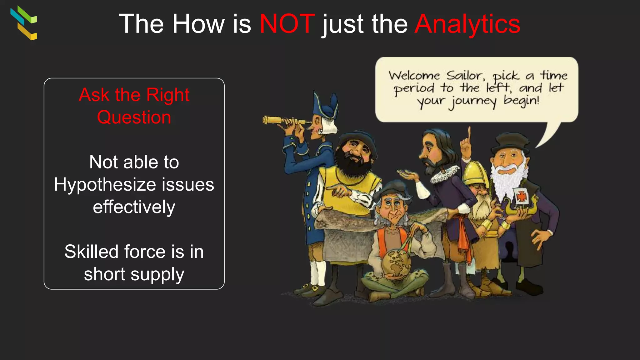 The How is NOT just the Analytics
Ask the Right
Question
Not able to
Hypothesize issues
effectively
Skilled force is in
short supply
 