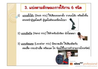 3. ??????????????????? 6 ????
1) ???????? (Desk mic) ????????????? ???????? ???????
   ???????????????? ???????????쨤???????
                          ?


2) ?????? (Hand mic) ??????????????? ????????

3) ??????? (Lavalier mic) ????????? ????????????
    ???-??????? ???? ? ?????????????????????????
         
 