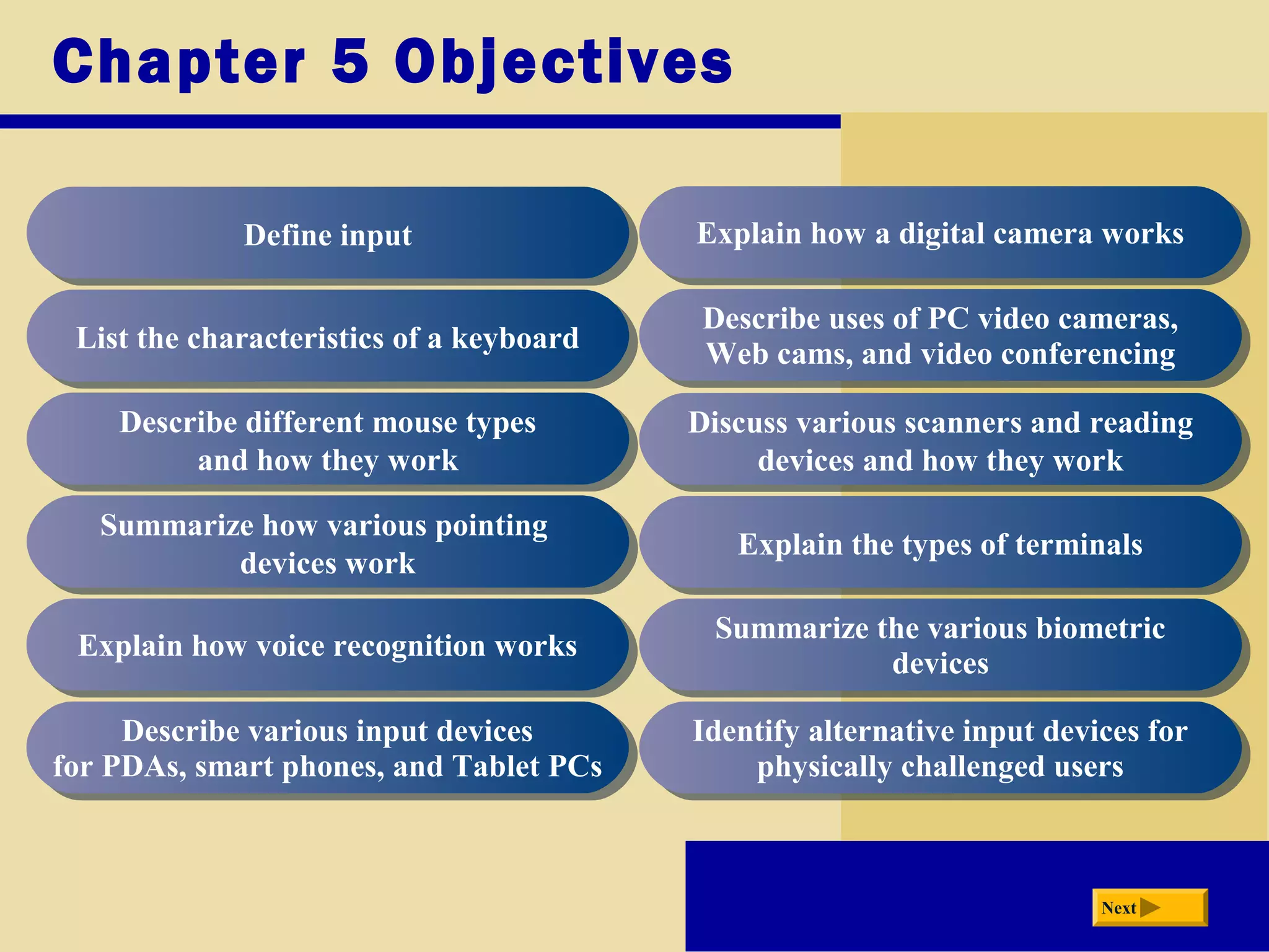 Chapter 5 Objectives
Define inputDefine input
List the characteristics of a keyboardList the characteristics of a keyboard
Describe different mouse types
and how they work
Describe different mouse types
and how they work
Summarize how various pointing
devices work
Summarize how various pointing
devices work
Explain how voice recognition worksExplain how voice recognition works
Describe various input devices
for PDAs, smart phones, and Tablet PCs
Describe various input devices
for PDAs, smart phones, and Tablet PCs
Explain how a digital camera worksExplain how a digital camera works
Describe uses of PC video cameras,
Web cams, and video conferencing
Describe uses of PC video cameras,
Web cams, and video conferencing
Discuss various scanners and reading
devices and how they work
Discuss various scanners and reading
devices and how they work
Explain the types of terminalsExplain the types of terminals
Summarize the various biometric
devices
Summarize the various biometric
devices
Identify alternative input devices for
physically challenged users
Identify alternative input devices for
physically challenged users
Next
 
