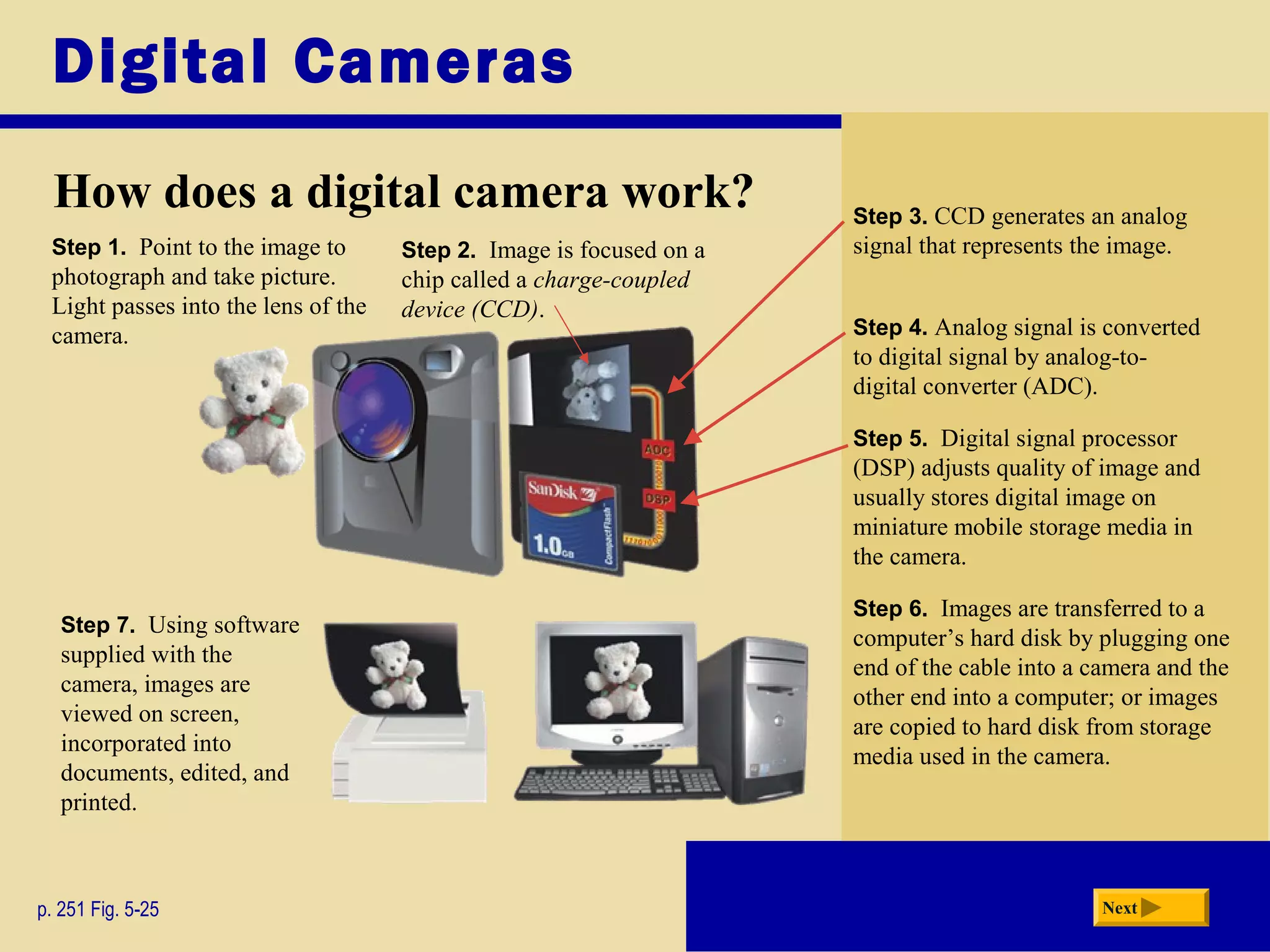 Digital Cameras
How does a digital camera work?
p. 251 Fig. 5-25 Next
Step 1. Point to the image to
photograph and take picture.
Light passes into the lens of the
camera.
Step 2. Image is focused on a
chip called a charge-coupled
device (CCD).
Step 3. CCD generates an analog
signal that represents the image.
Step 4. Analog signal is converted
to digital signal by analog-to-
digital converter (ADC).
Step 5. Digital signal processor
(DSP) adjusts quality of image and
usually stores digital image on
miniature mobile storage media in
the camera.
Step 6. Images are transferred to a
computer’s hard disk by plugging one
end of the cable into a camera and the
other end into a computer; or images
are copied to hard disk from storage
media used in the camera.
Step 7. Using software
supplied with the
camera, images are
viewed on screen,
incorporated into
documents, edited, and
printed.
 