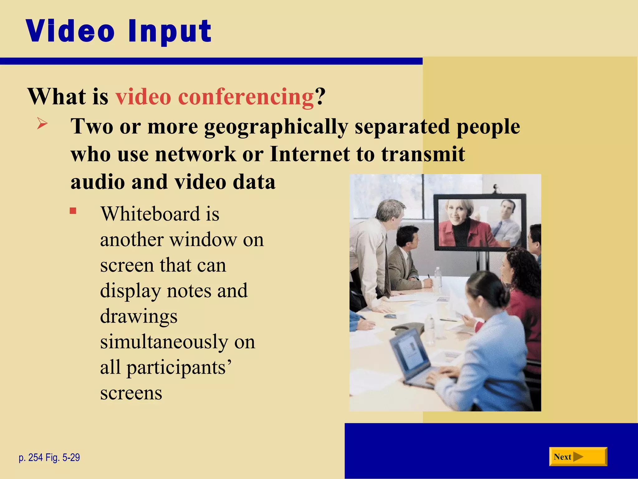 Video Input
What is video conferencing?
p. 254 Fig. 5-29 Next
 Whiteboard is
another window on
screen that can
display notes and
drawings
simultaneously on
all participants’
screens
 Two or more geographically separated people
who use network or Internet to transmit
audio and video data
 