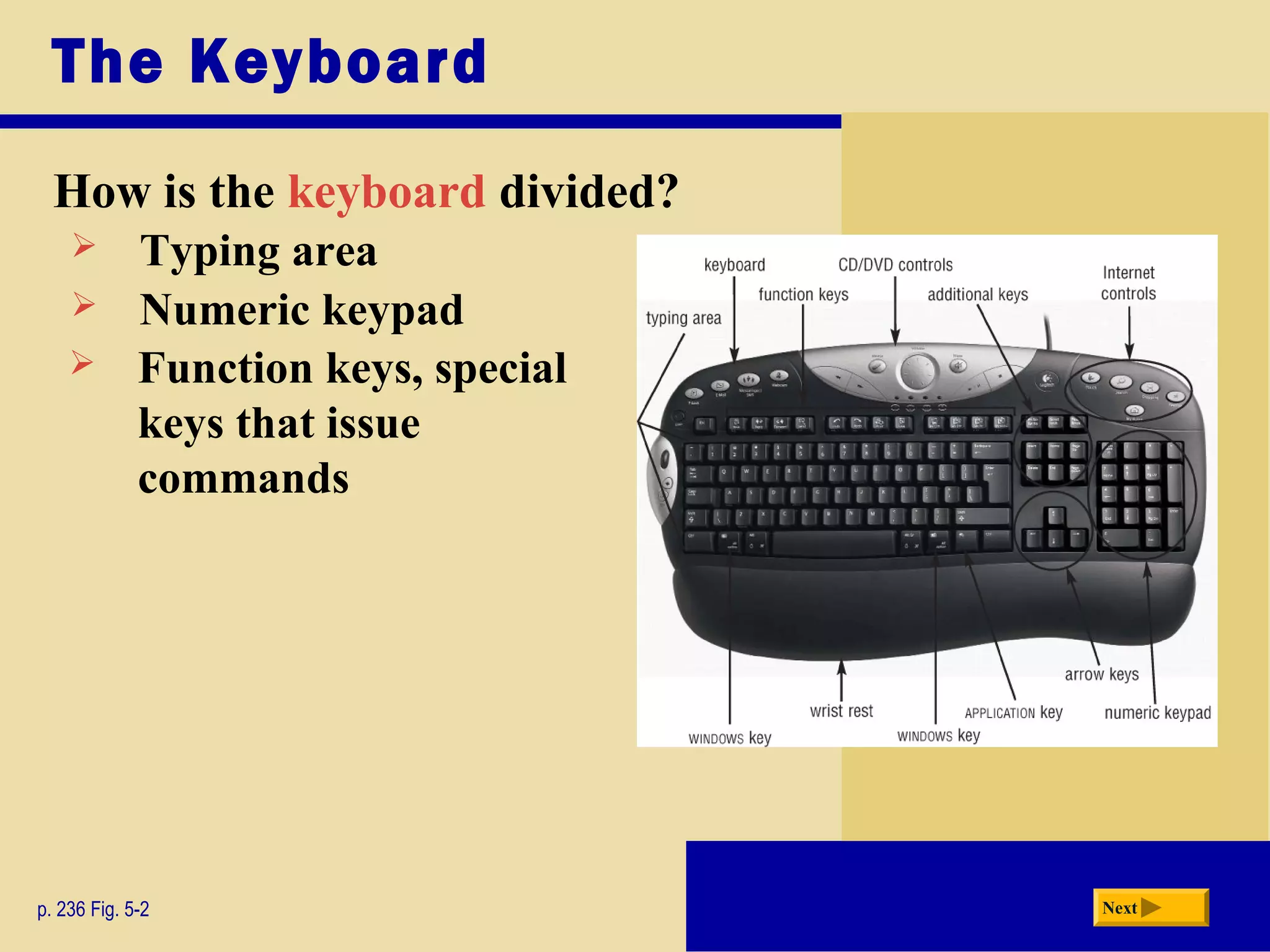The Keyboard
How is the keyboard divided?
p. 236 Fig. 5-2 Next
 Typing area
 Numeric keypad
 Function keys, special
keys that issue
commands
 
