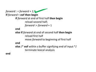 forward : = forward + 1;
if forward = eof then begin
if forward at end of first half then begin
reload second half;
forward := forward + 1
end
else if forward at end of second half then begin
reload first half
move forward to beginning of first half
end
else /* eof within a buffer signifying end of input */
terminate lexical analysis
end
 