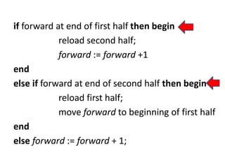 if forward at end of first half then begin
reload second half;
forward := forward +1
end
else if forward at end of second half then begin
reload first half;
move forward to beginning of first half
end
else forward := forward + 1;
 