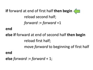 if forward at end of first half then begin
reload second half;
forward := forward +1
end
else if forward at end of second half then begin
reload first half;
move forward to beginning of first half
end
else forward := forward + 1;
 