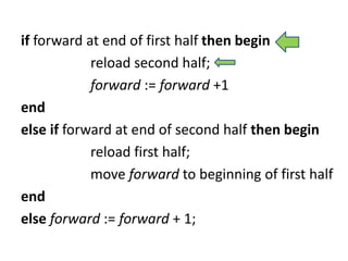 if forward at end of first half then begin
reload second half;
forward := forward +1
end
else if forward at end of second half then begin
reload first half;
move forward to beginning of first half
end
else forward := forward + 1;
 