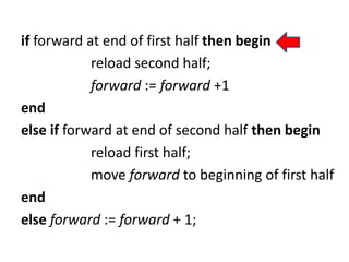 if forward at end of first half then begin
reload second half;
forward := forward +1
end
else if forward at end of second half then begin
reload first half;
move forward to beginning of first half
end
else forward := forward + 1;
 