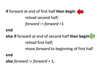 if forward at end of first half then begin
reload second half;
forward := forward +1
end
else if forward at end of second half then begin
reload first half;
move forward to beginning of first half
end
else forward := forward + 1;
 